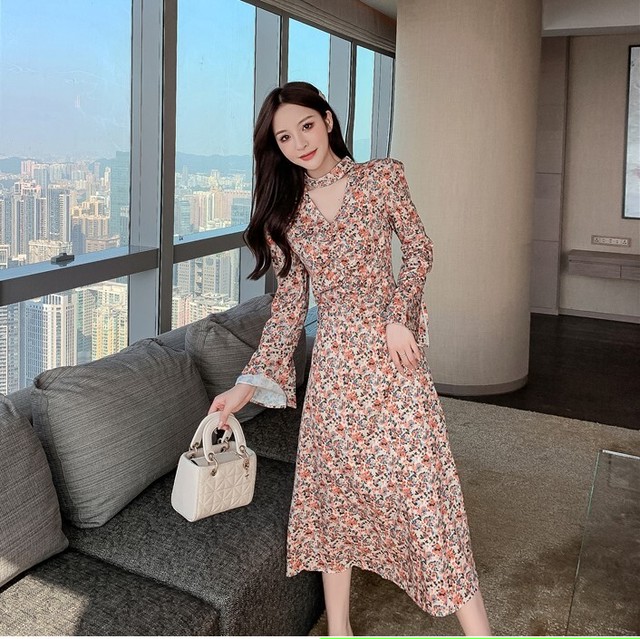 ワンピース レディース 春夏 秋冬 春 夏 秋 冬 花柄 レトロ 花柄ワンピース オレンジ ロングワンピース ひざ丈 小花柄 長袖 Vネック チョーカーネック Aライン マキシワンピース かわいい おしゃれ 膝丈 デート 女子会 リゾート 旅行 パーティー二次会 勝負服 10代 代 30代