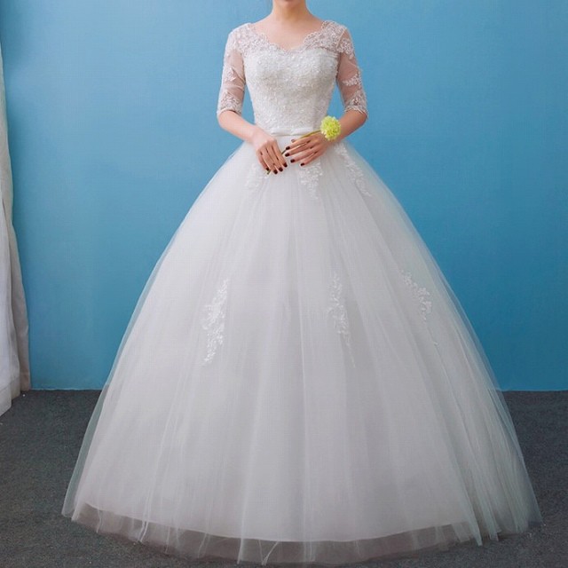 ウエディングドレス Aライン 白 袖あり レース マキシ丈 花嫁 ウェディング プリンセスドレス 白ドレス 披露宴 編み上げ ハイウエスト 花柄 ブライダル Vネック ワンピの里