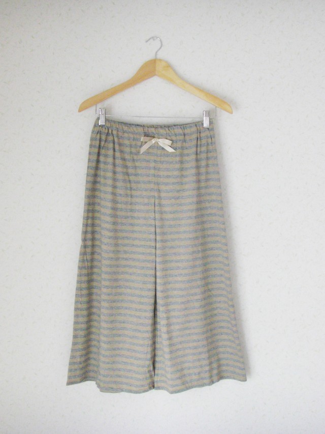 家服いえふく オーガニックコットン100 リラックスパンツ 杢グレー ベージュボーダー 家服 いえふく 家で着る服 胸当て付 レディース ルームウェアの通販