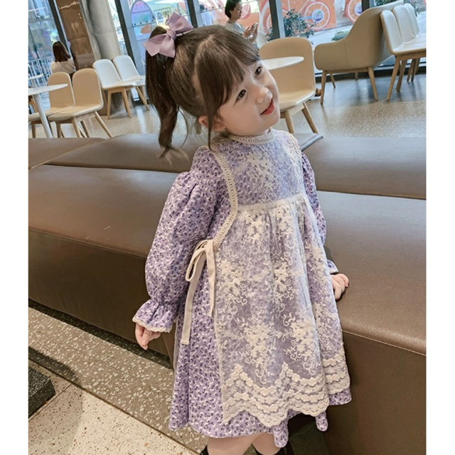 セットアップ ワンピース 長袖 丸首 小花 花柄 レース エプロン ドレス 2点セット プリンセス 公主 お姫様 紫 秋 春 子供 キッズ こども服 女の子 女児 Syk445 Berceau Select Shop ベルソー セレクトショップ キッズ 親子ペアetc