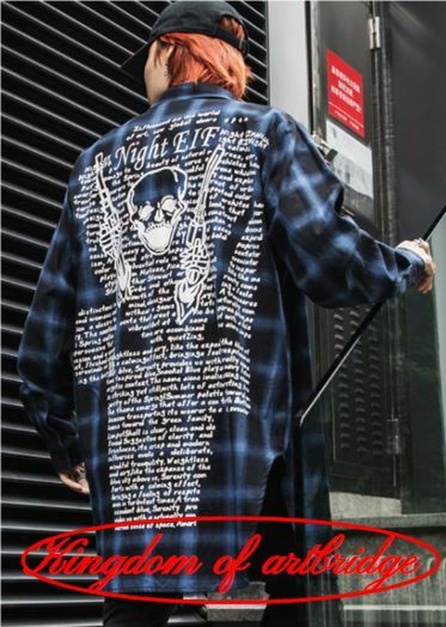 Kdab aw ドクロ プリント加工 青ブロックチェックシャツ ロング丈 ストリート系 Kingdom Of Artbridge