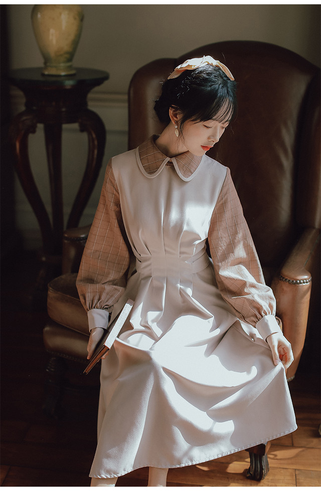 ワンピース 長袖 膝丈 フレア 襟付き 格子チェック柄 くびれデザイン 大人カジュアル デート お出かけ 春 Quadrifolie クローバー