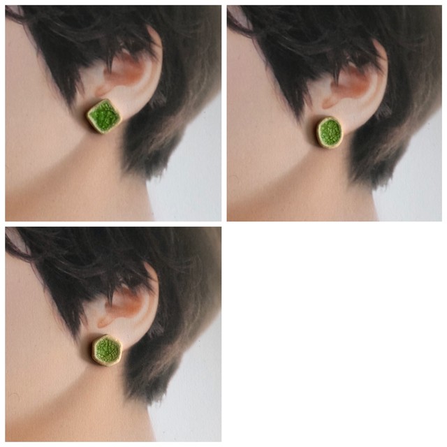 新作 信楽焼 輝 深翠シリーズ 陶器 伝統工芸 イヤリング ピアス シンプル エメラルド グリーン スタッド アクセサリー 四角 六角 楕円 ワンポイント ふぉーちゅなる