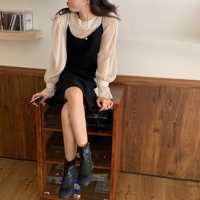 ドット ブラウス ワンピース セット 韓国 ファッション レディース セットアップ 2点セット コーディネートセット ポルカドット 黒 ワンピース キャミワンピース モックネック トップス セット ワンピ 春 ガーリー エアリー 清楚 ワンピース Vestito