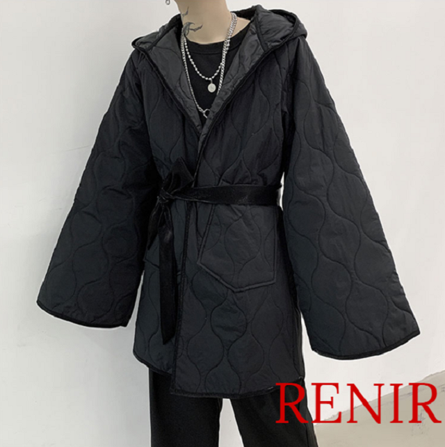 Renir レニール メンズ アウター フード付き コート 黒 ブラック ラップコート Renir レニール メンズファッション レディースファッション