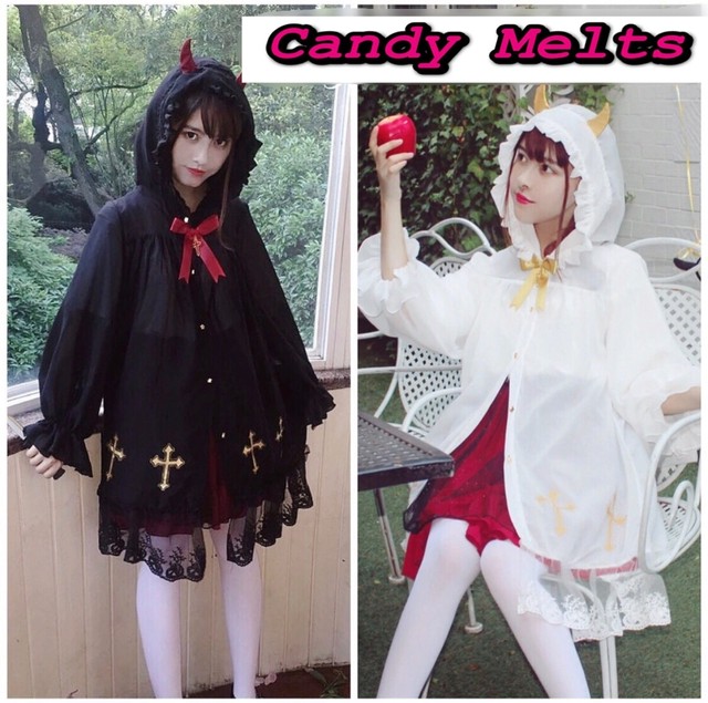 お取り寄せ商品 アウター ゆめかわいい 病みかわいい 悪魔 フリル 十字架 クロス リボン フード ロリィタ ロリータ 秋 冬 レディース 薄手 レース Candy Melts