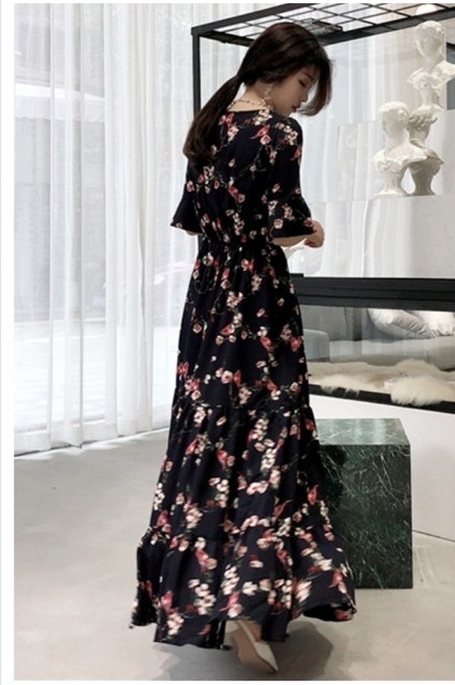 花柄 ロングワンピース 長袖 小花柄 ワンピース 花柄ワンピース ドレス ミモレ丈 ロング丈 シースルーワンピース 長袖 春 夏 お出かけ デ Basecamp49