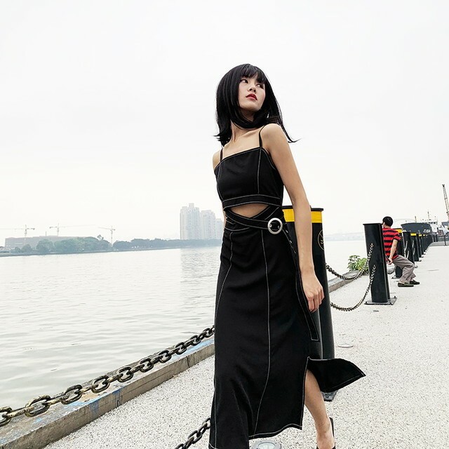 オールインワン ノースリーブトップス へそ出し ハイウエスト ジャンパースカート ロング丈 サイドスリット セクシー 小悪魔的 ゴシック ブラック オルチャン 送料無料 天使と悪魔 サブカル系ファッション Seasonz