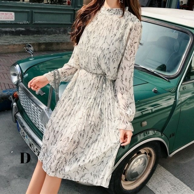 ワンピース ワンピ 長袖 春 秋 スタンド襟 花柄 膝丈 体型カバー 大きいサイズ シフォン プリーツ きれいめ プチぷら 安い A544 Happinessshop ハピネスショップ レディース ファッション アイテム トレンド