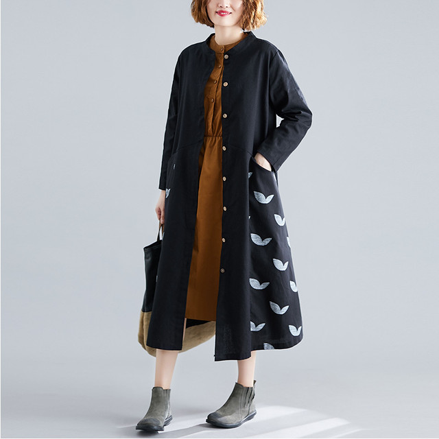 長袖 ワンピース ロングワンピース フロントボタン シャツワンピース バンドカラー プリント ブラックワンピ カジュアル ナチュラル 可愛い ゆったり 30代40代50代 秋 冬 Rb A12 0038 Redbell