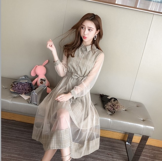 グレンチェック シースルー ワンピース シャツワンピース ロングワンピース レディース ウエストリボン 爽やか 長袖 お出かけ デート 女子会 代 30代 40代 アラサー アラフォー 春 秋 ベージュ ピンク グレー S M L Xl 2xl At567 Sunny Place