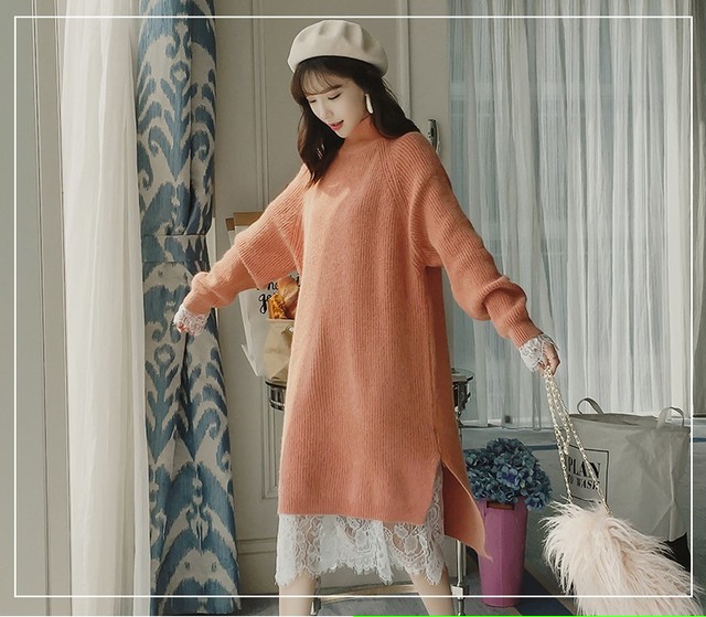 ニットワンピース ツーピース レース ひざ丈 iライン タートルネック レイヤードワンピース 重ね着 長袖 シンプル ゆったり 新作 秋 冬 デート 女子会 モテかわ あったか T1075 Kireina Mizugi
