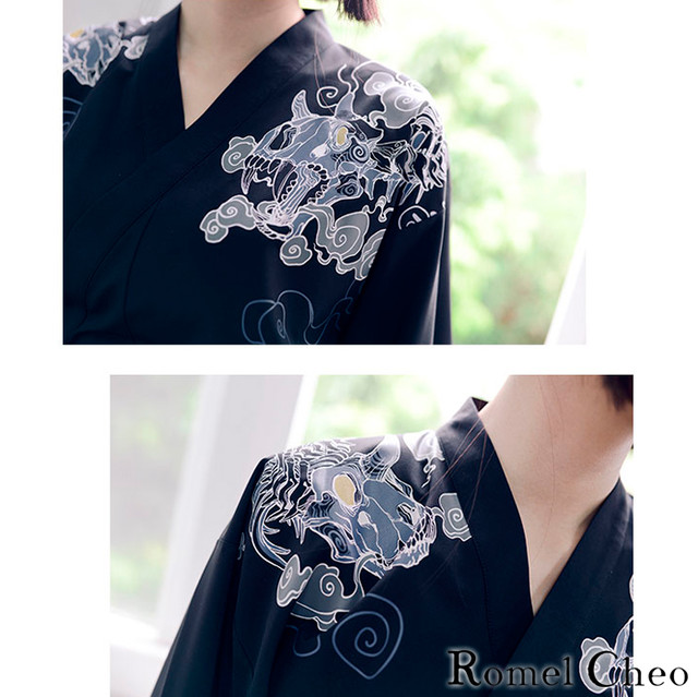 Romelcheo 妖怪 和風 シャツ 和柄 モダン 着物 プリント モノトーン レディース レトロ ストリート系 モード系 原宿系 コスプレ 侍 エスニック アジアン ファッション 青文字系 病みかわいい 個性的 個性派 ロメルチェオ Romelcheo