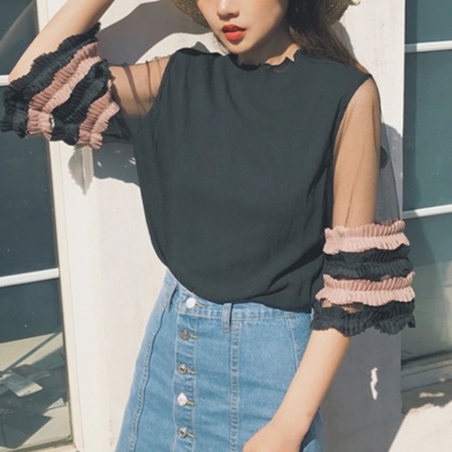 【即納】mesh top half sleeve blouse