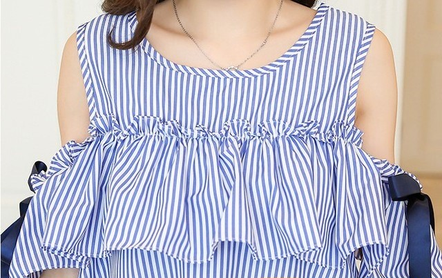 マタニティ ワンピース 春 夏 年 新作 オフショルダー ストライプ フリル 授乳口付き 半袖 大きいサイズ Aライン ピンク ブルー リボン おしゃれ 大人可愛い ガーリー フェミニン ラウンドネック ひざ丈 妊婦服 授乳服 マタニティウェア マタニティ授乳服 Mommystyle