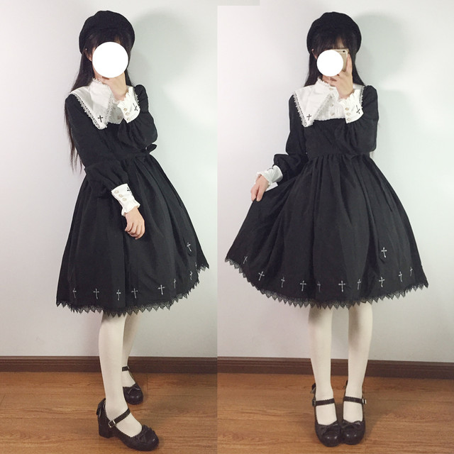 即納あり ロリータ修道女スタイル長袖op ワンピース クロス 黒ロリ ゴスロリ フリル ティアード Cnalb311 Luxury