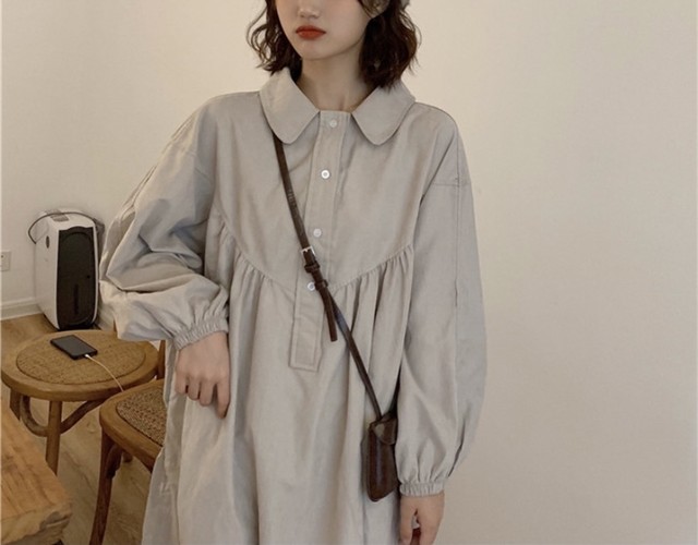 レトロガーリー襟付きワンピース 人気 トレンド 新作 可愛い クラシック シンプル ランタンスリーブ オシャレ Aライン フレンチスタイル ワンピース シャツワンピ 古着風 Me ﾐｰ