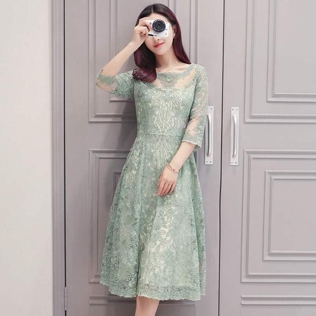 ミントグリーン レース ワンピース ドレス お呼ばれ 上品 エレガント 花柄 Aライン 七分丈 Op 0022 Hamar