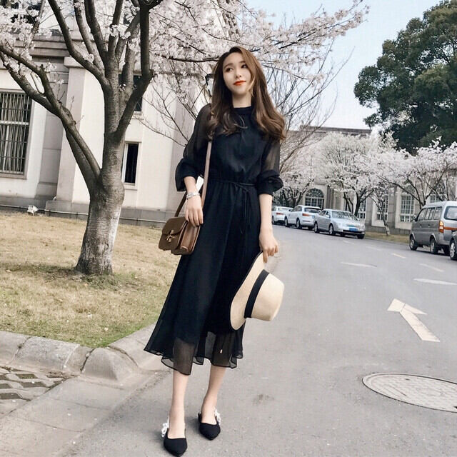 ロングワンピース レディース 半袖 プチハイネック 無地 シフォン シアー感 シンプル 大人 エレガント コンサバティブ 入学式 お呼ばれ お出かけ 通勤 春 夏 Evergreen