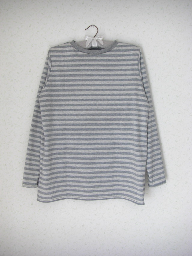 ふくよかさん オーガニックコットン100 カットソー グレー 杢グレーボーダー 長袖 家服 ふくよかさん オーガニックコットン100 カットソー グレー 杢グレーボーダー 長袖 家服