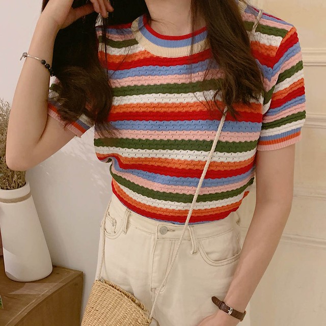 トップス 春夏 サマーニット ボーダー カットソー 半袖 レディース カラフル プルオーバー レディース 韓国ファッション 直輸入通販 セクシーワンピース クールカジュアル 全品送料無料 Ukky Franky