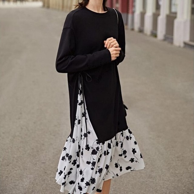 ロングワンピース 重ね着風 ロングトップス シフォンスカート ドッキングワンピース ラウンドネック 花柄 ゆったり きれいめ オフィス お出かけ デート ブラック Like Fashion