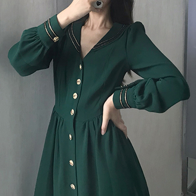 セーラーカラーワンピース セーラー服 学生 プレッピー ハイウエスト モスグリーン フレンチスタイル フロントボタン ガーリー 大人可愛い デート Choco Chaco