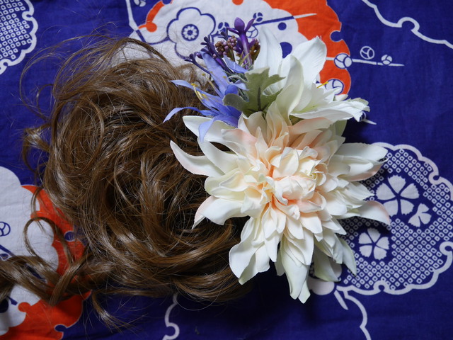 浴衣用ヘッドピース 大 大輪花と紫花 お花の和洋ヘッドピース 花帽子
