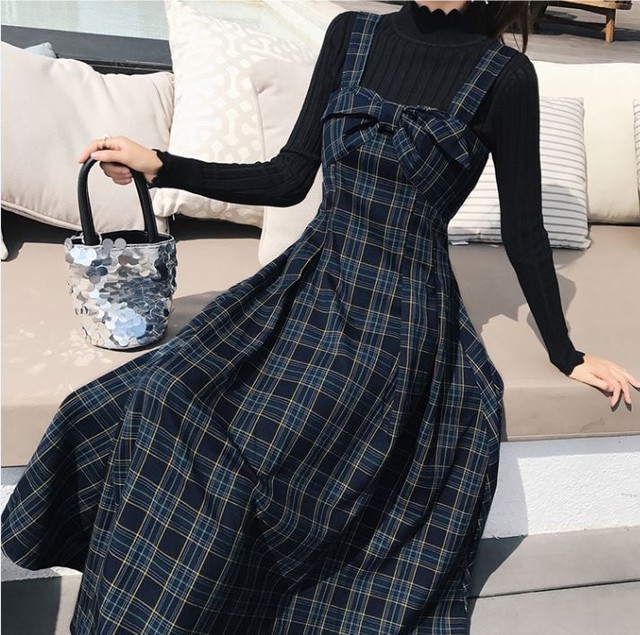 ニット チェック ジャンパースカート セットアップ マキシ丈 スカート Aライン ワンピース 秋冬 レディース J Aeka Clothet