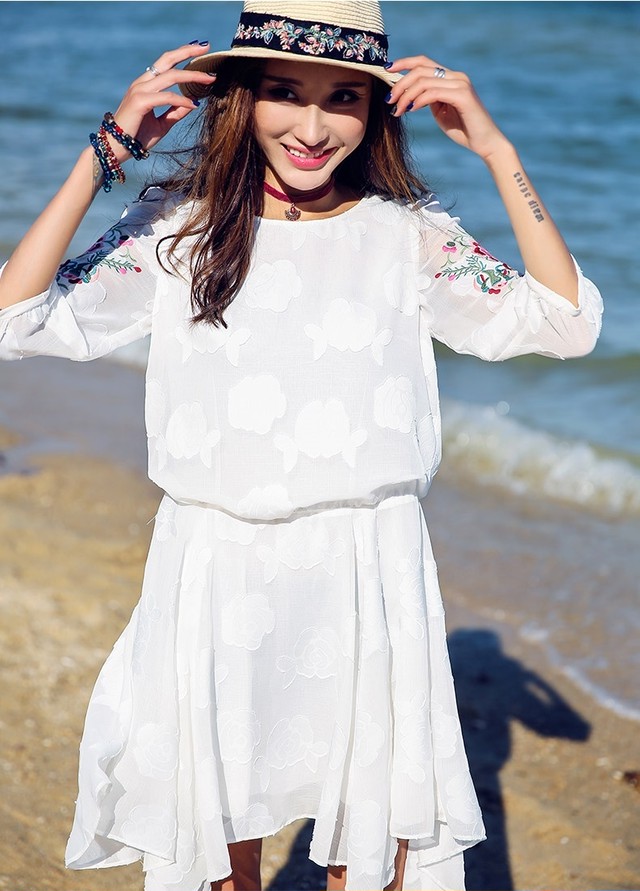 花柄 刺繍 シャツワンピース 送料無料 残りわずか トレンド 刺繍 ワンピース シフォン 花柄 ワンピ 白 7分袖 ミニ アジアン 民族系 ネイティブ ボヘミアン レディース ミモレ丈 ひざ丈 美足 細見え デート 通勤 およばれ パーティー 通勤 参観日 記念日 大人可愛い