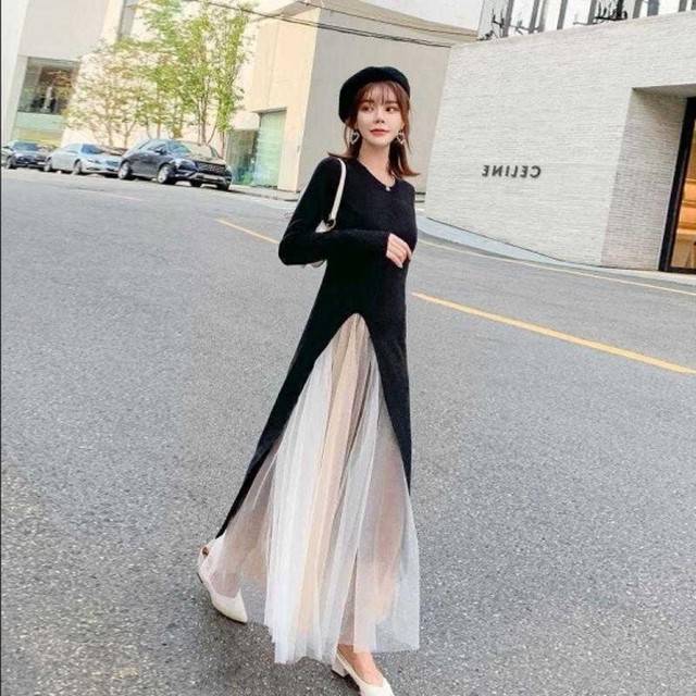 セットアップ ツーピース レディース ラウンドネック 長袖 スリット トップス ロング マキシ チュールスカート 2点セット 大きいサイズ 春新作 春 春色 春服 春sale セットアップ ツーピース Leaflower 001 リーフラワー レディースファッション専門店