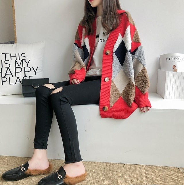 ニットカーディガン レディース アーガイル柄 ニット アウター 長袖 カーデ ゆったり おしゃれ チェック柄 秋冬 トップス カーディガン Infini Arc En Ciel