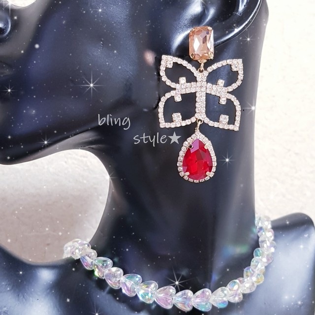 No 79 レッド 大ぶり ラインストーン バタフライ ビジュー ドロップ ピアス イヤリング 18 21発送休み Blingstyle Handmade Accessory