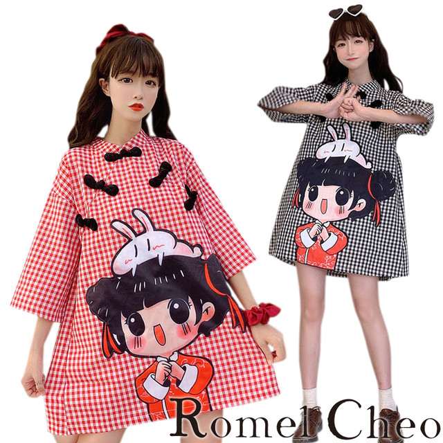 Romelcheo イラストギンガムチェックチャイナミニワンピ チャイナドレス チャイナボタン ワンピース カジュアル Aライン 5分袖 ゆったり ミニ丈 アジアン エスニック 民族風 原宿系 青文字系 ゆめかわ ロリータ ファッション ロメルチェオ Romelcheo