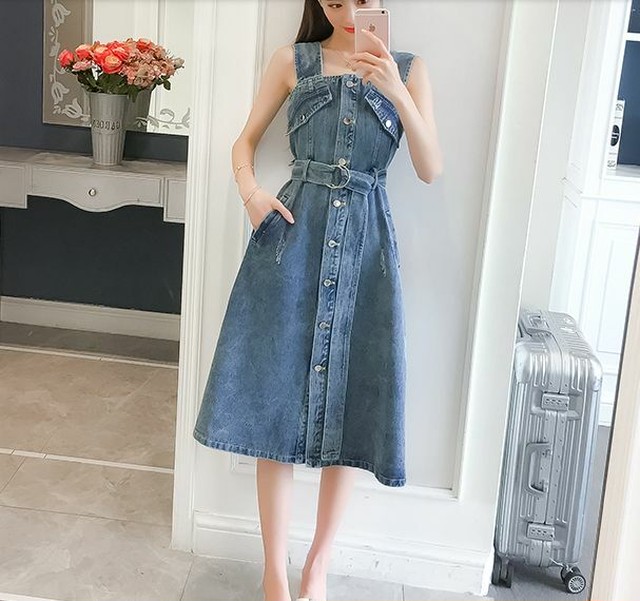 デニムワンピース ノースリーブ フレアスカート 膝下丈 無地 ハイウエスト ウエストマーク ボタン 脚長効果 カジュアル デート お出かけ レディース ワンピース Lalas