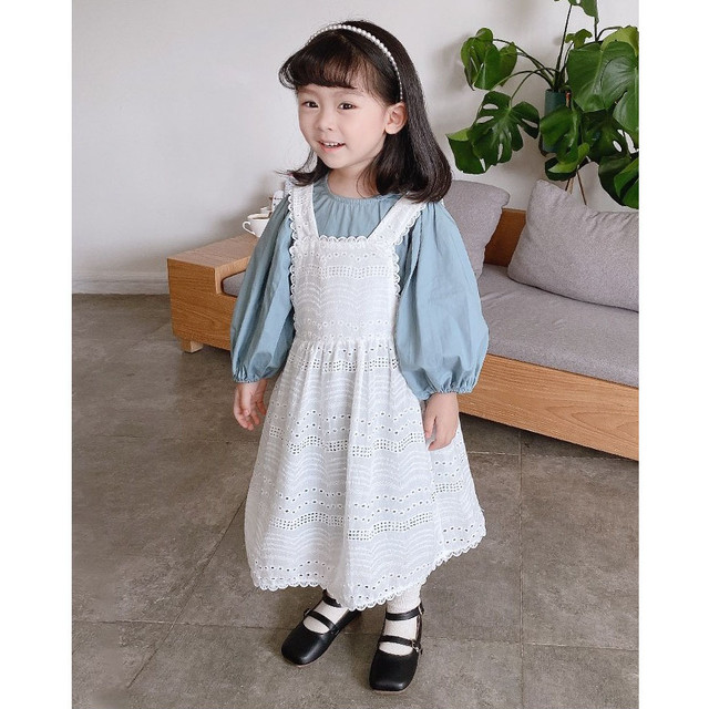 セットアップ ワンピース 丸首 長袖 ちょうちん袖 ボリューム袖 レース エプロン ドレス プリンセス 公主 お姫様 青 白 春 秋 子供 キッズ こども服 女の子 女児 Syk565 Berceau Select Shop ベルソー セレクトショップ キッズ 親子ペアetc