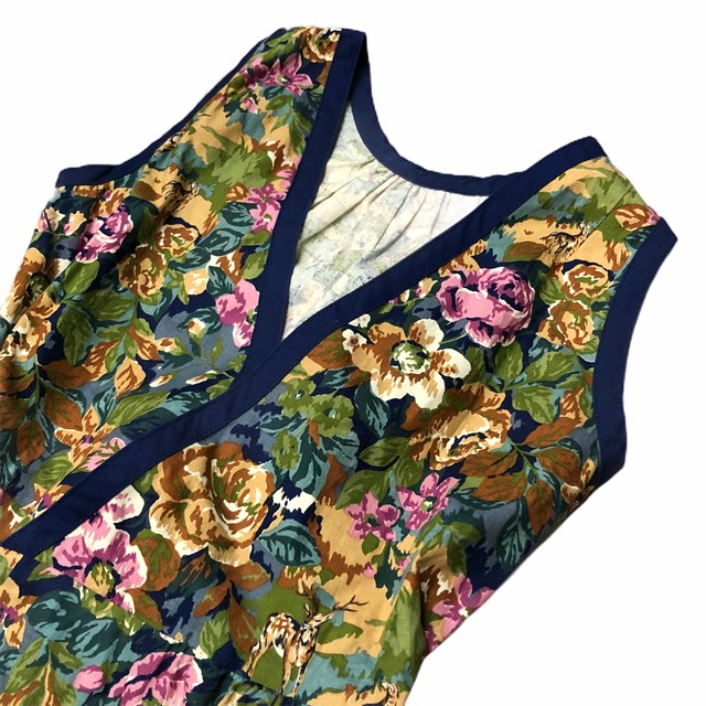 Tokyo Casual Wear 花柄 鹿 カシュクール ノースリーブ ワンピース 都町の古着屋 Charkha Bazaar チャルカバザール