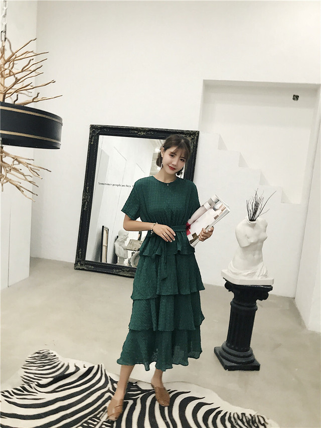 ワンピース ロングワンピース ロング丈 ラウンドネック 半袖 Aライン フェミニン エレガント 春夏 結婚式 二次会 お呼ばれ お出かけ デート 女子会 レトロ ロングスカート Officewalaa オフィスワラア レディースファッション スタイル