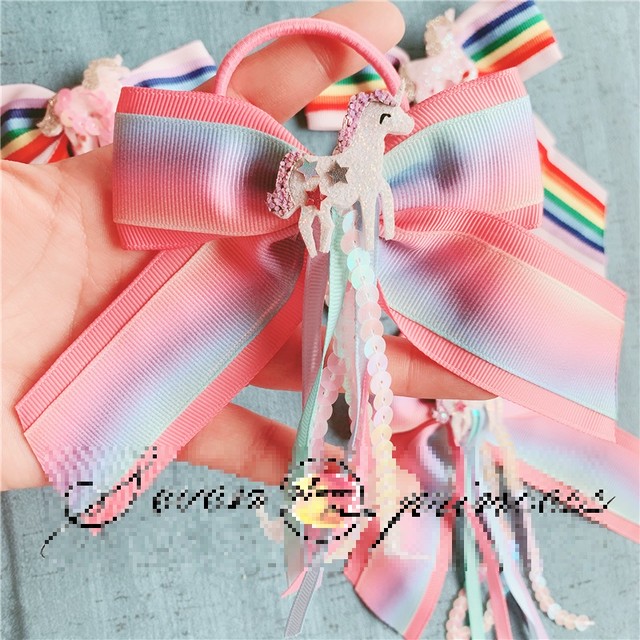 キッズ ユニコーン リボン 虹色 レインボーカラー髪ゴム ラメ キラキラ スパンコール 女の子 子供 かわいい リボン 卒業式 七五三 髪飾り 卒業式 入学式 子供 ヘア アクセサリー 髪ゴム 髪かざり 韓国レディース キッズファッション Londonbridge ロンドンブリッジ