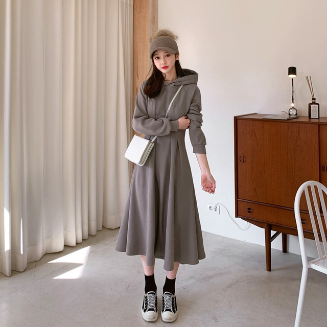 ワンピース ロング パーカーワンピース フード付 長袖 ウエスト ピンタック フレア レディース ワンピ ワンマイルウェア ホームウェア パーカー フード ウェストシェイプ 春 Officewalaa オフィスワラア レディースファッション スタイル