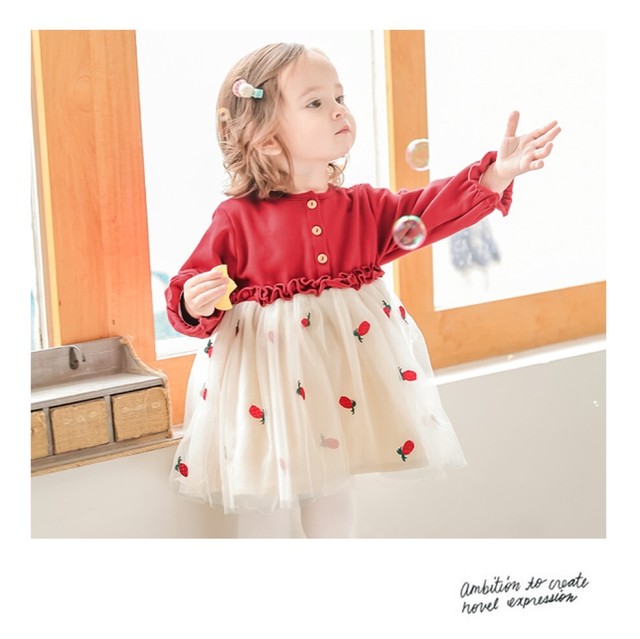 予約商品 韓国 子ども服 おしゃれ かわいい 姉妹 お揃い ギフトキッズ ベビー服 ワンピース 長袖 子供服 フリル 春 秋 チュール チュチュ かわいい イチゴ いちご 女の子 ジュニア おそろい 洋服 オシャレ 70cm 80cm 90cm 100cm 110cm 1cm Lavoro