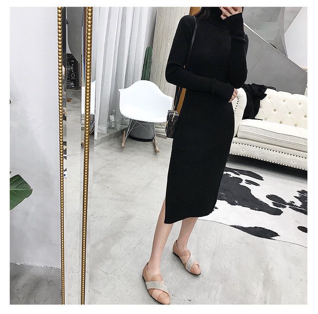 トレンドのミドル丈ワンピース シンプルなのでコーデの幅が広がります レディース ファッション ミドル丈 サイドスリット入り タートルニットワンピース 長袖 無地 ざっくり リブニット お出かけ 女子会 デート 美シルエット プチプラ 大人上品 ブラック ホワイト ライト