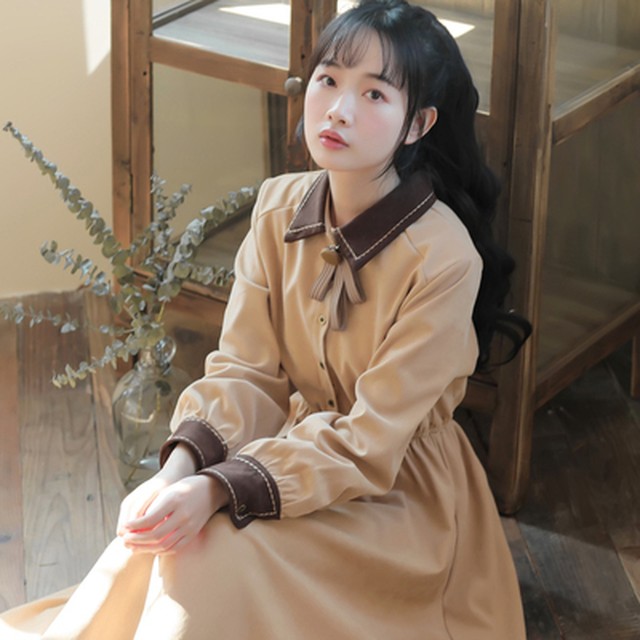 レトロワンピース ワンピース レディース 秋冬ワンピース 女子ワンピ 可愛い 無地 オシャレ ワンピース クラシカル 長袖 カワイイ 膝下丈 ミモレ丈 バイカラー ハイウエスト ウエストマーク 10代 代 ブラック ブルー レッド ベージュ Sz212 Sunny Place