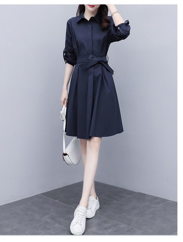 Dress 気質アップ着痩せシャツワンピースエレガント長袖ベルト付き Nanastyle