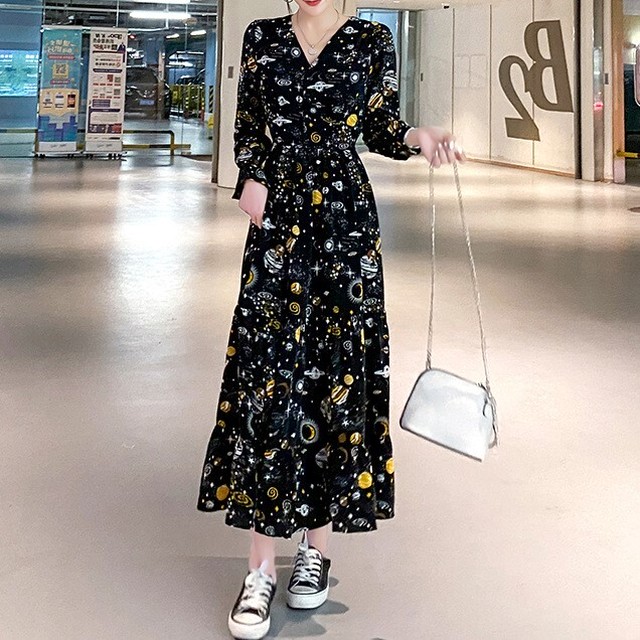 ワンピース ロングワンピース 宇宙柄 ギャラクシー柄 長袖 シースルー スケルトン 可愛い 珍しい カジュアル ハイウエスト 個性的 個性派 長袖 春 秋 Ichain オシャレ レディース かわいい 上品 カジュアル 大人カジュアル 個性的 10代 代 30代