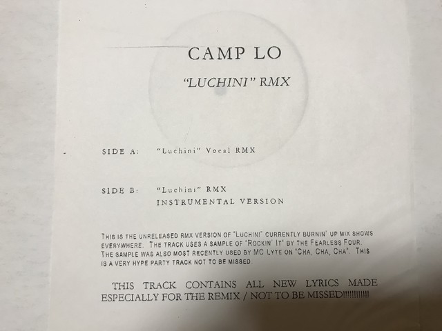 Camp Lo Luchini Remix 12 Takino Records ã¿ã­ãã¬ã³ã¼ã Camp lo is an american hip hop duo, formed in 1995, which hails from the bronx, new york. takino records base