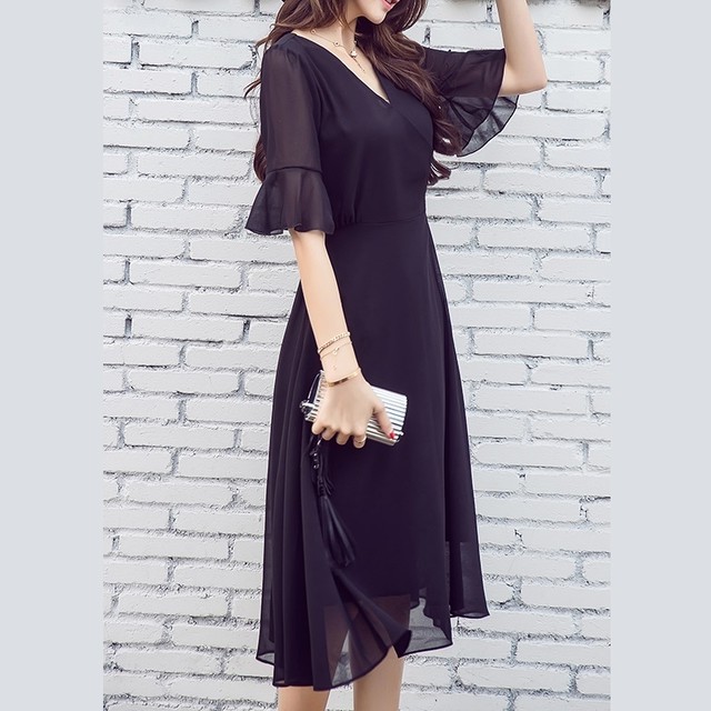 カシュクールシフォンドレス ワンピース ベルスリーブ フレアスカート リボン 透け感 Aライン 膝丈 ミモレ丈 レディース フォーマル 結婚式 お呼ばれ ドレス 代 30代 二次会 ワンピース パーティー ドレス R0045 Aeka Clothet Partydress