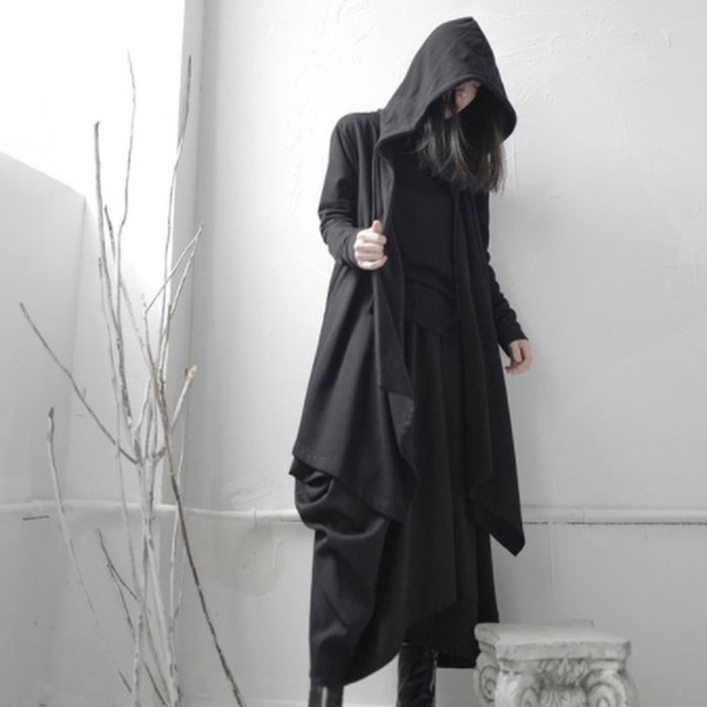 ロングカーディガン ボタン無し 長袖 ミディアム丈 フード 無地 ドレープ アシンメトリー ブラック 黒 レディース メンズ ユニセックス 韓国 カジュアル シック モード お支払い後日以内に発送 Top363 Garcons