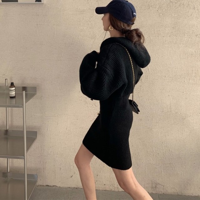 ニット パーカー ワンピース 韓国 ファッション レディース ニットワンピース ミニ ふんわり ニット パーカーワンピース ニット ミニワンピ 黒 グレー ブラウン あったか ニット セクシー 大人可愛い ワンピース オルチャン ファッション カジュアル Vestito