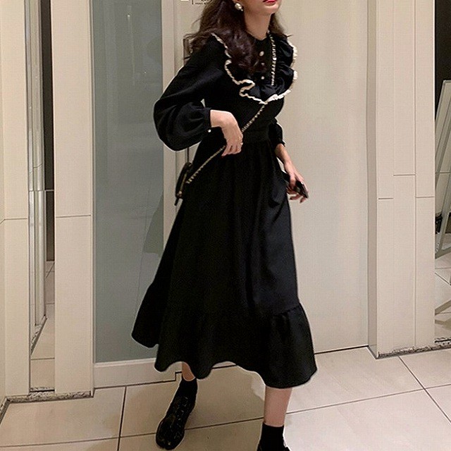 ロングワンピース ワンピ 韓国 コーデ きれいめ 40代 30代 代 フリル ガーリー 長袖 レトロ 無地 ティアード デート おしゃれ 大人 可愛い ワンピの里
